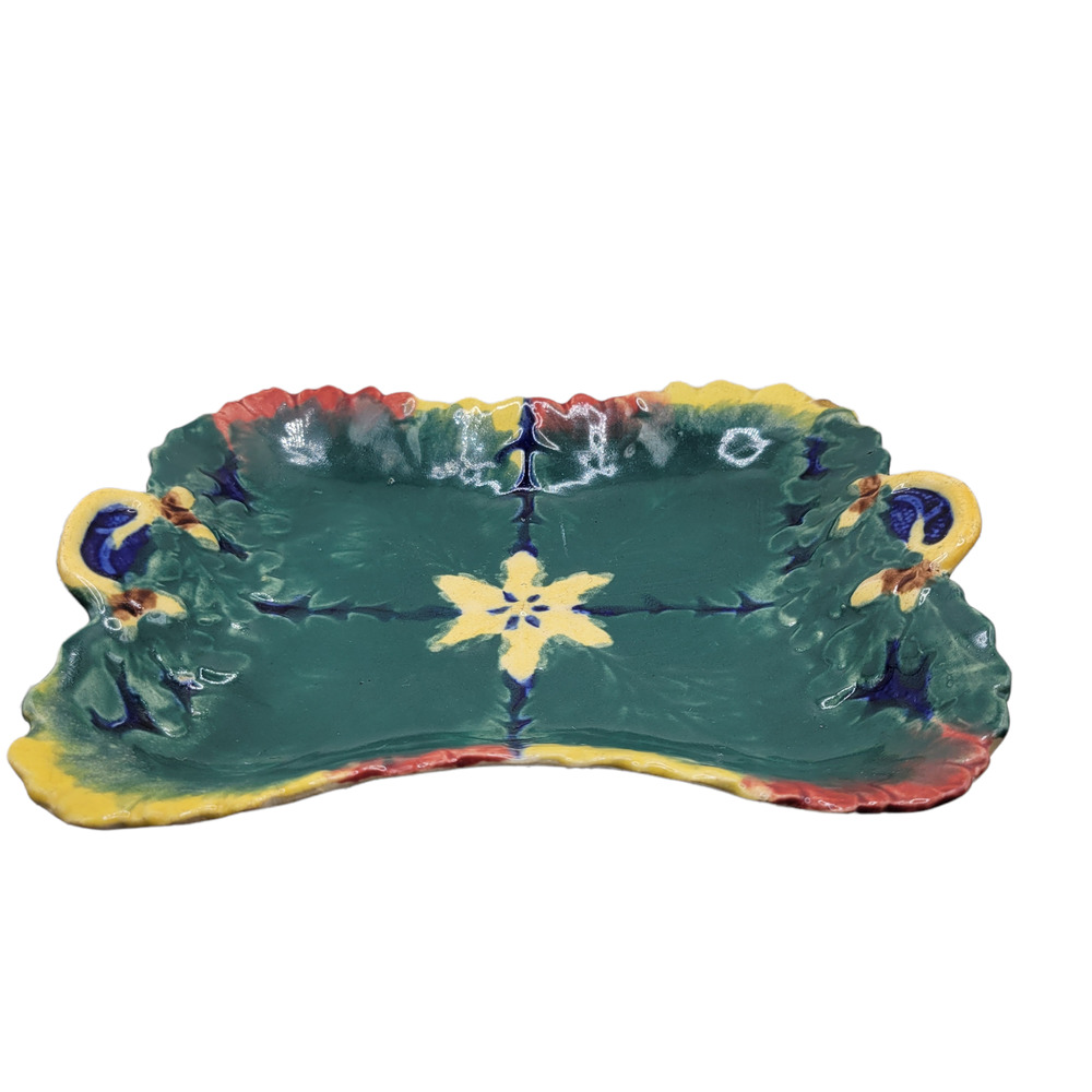Leaf Platter Tray Painted Pottery Scalloped Oblong Green Red Yellow Ceramic 10"